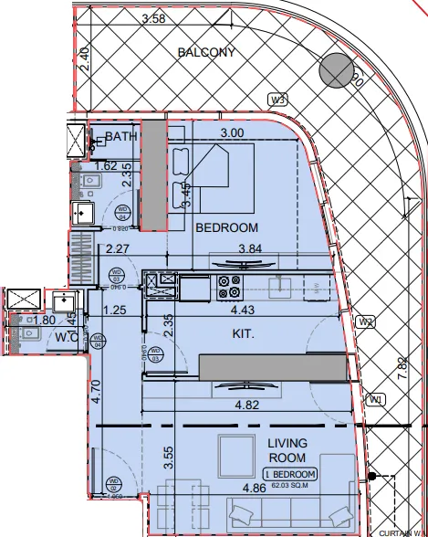 Binghatti Skyhall 1 bed floor plan, 993 sqft