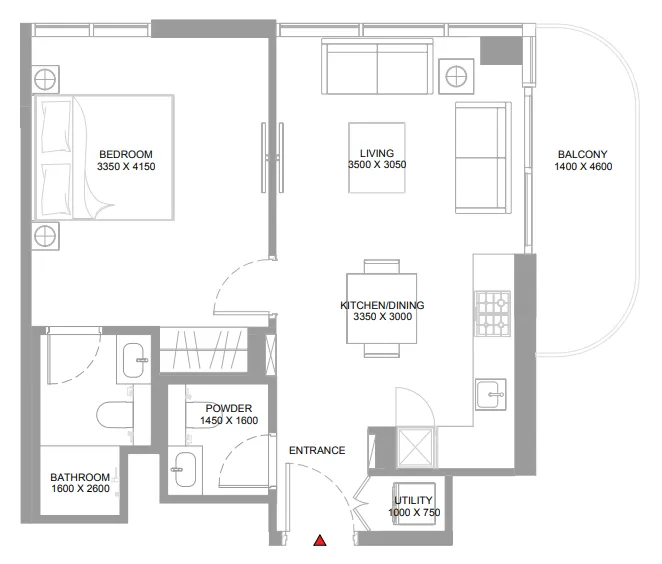 Pristine Beach Residences 1 bed floor plan, 620 – 621 sqft