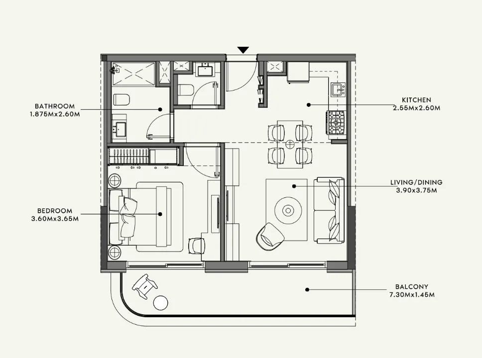 Azizi Venice 1 bed floor plan, 689 sqft