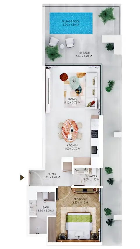Rabdan Square 1 bed floor plan, 931 – 1,003 sqft