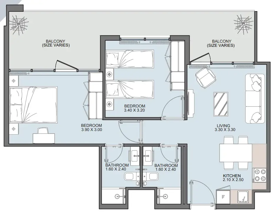 Alba Tower 2 bed floor plan, 855 sqft