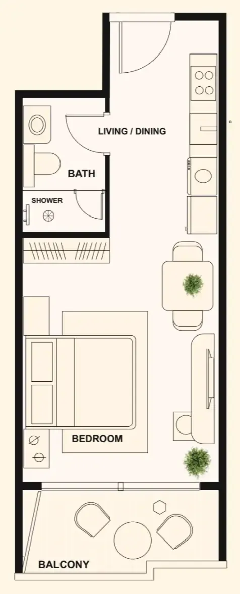 The Elysian Studio floor plan, 415 sqft