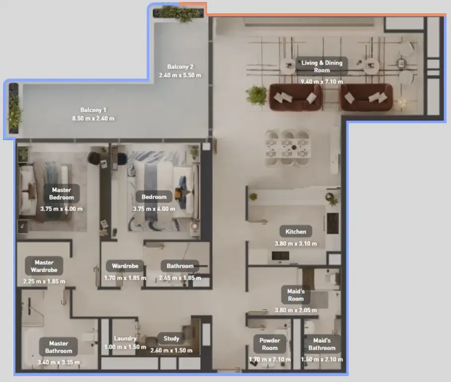 Luluat Marina at Luluat Al Raha 2 bed floor plan, 2,049 sqft