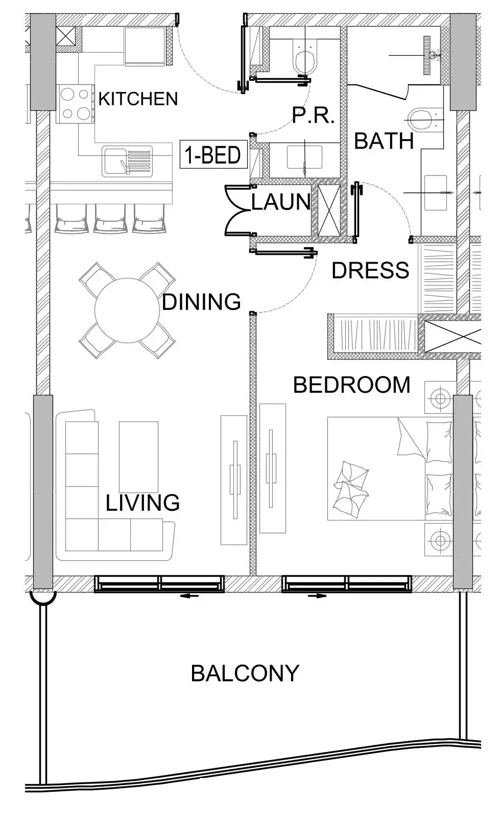 Valencia 1 bed floor plan, 784 – 797 sqft