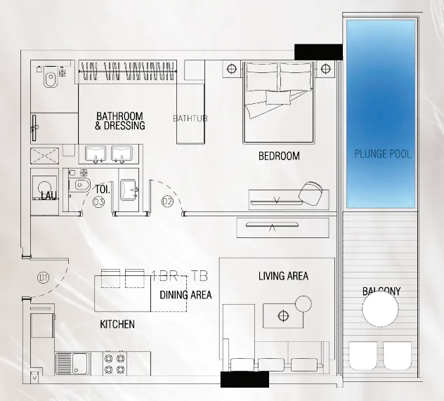 Sky Suites 1 bed floor plan, 829 sqft