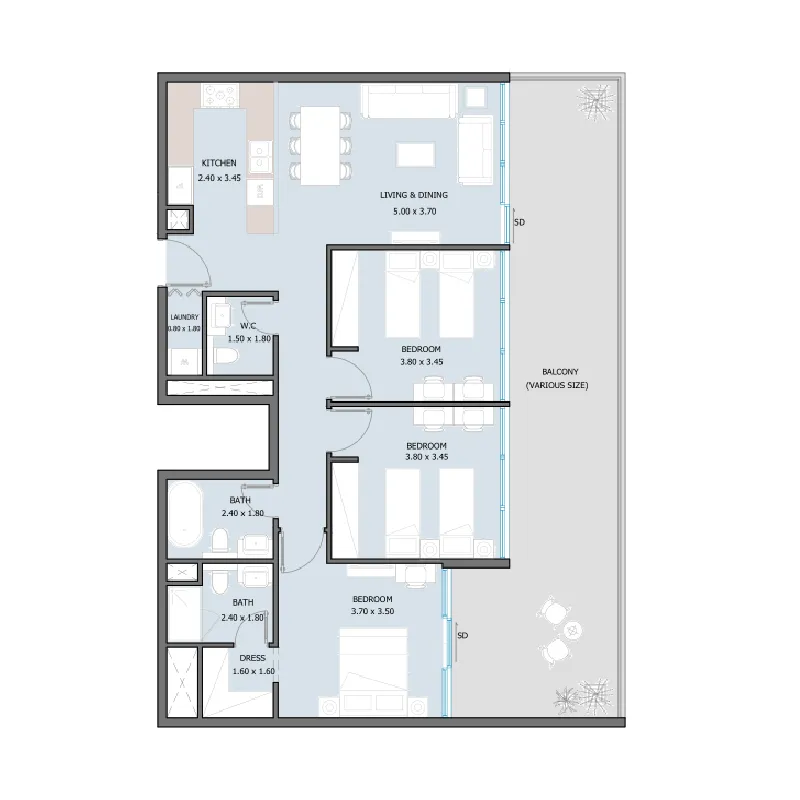 Sila 3 bed floor plan, 1,473 – 1,560 sqft