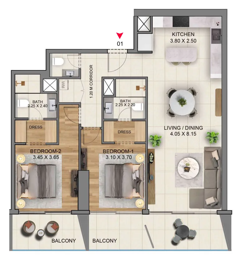 Sky Hills Residence 3 2 bed floor plan, 1,404 sqft