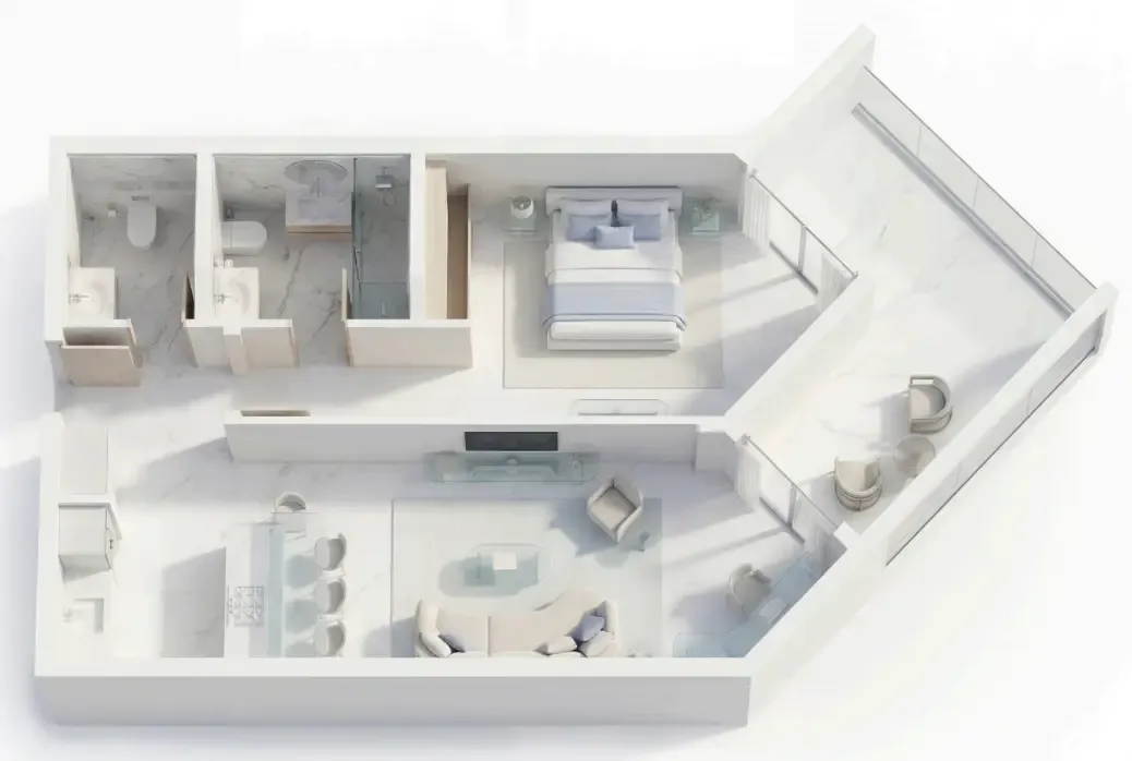 Ice Beach 1 bed floor plan, 880 sqft