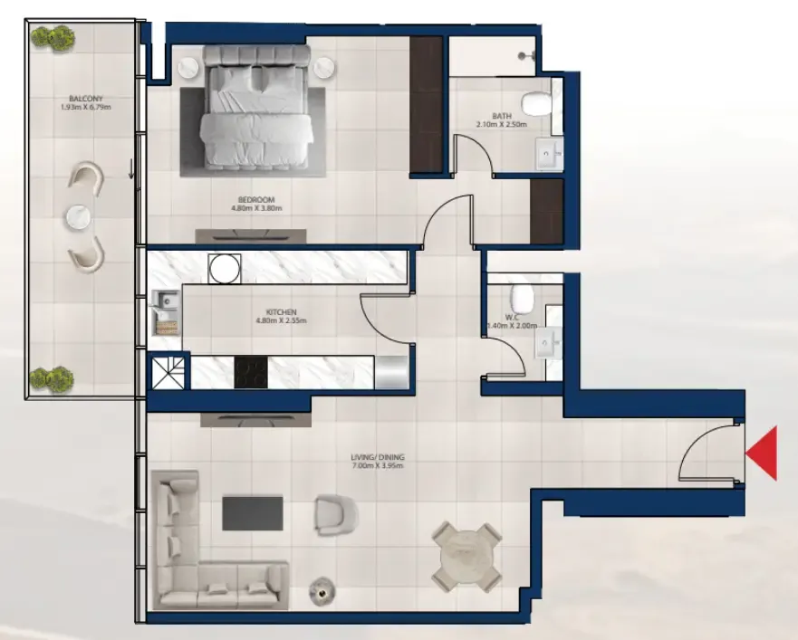 Al Vista 1 bed floor plan, 1,075 sqft