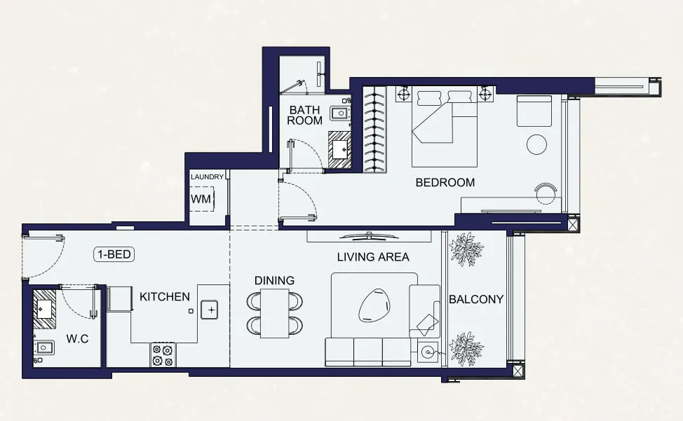 Binghatti Starfall 1 bed floor plan, 718 – 780 sqft
