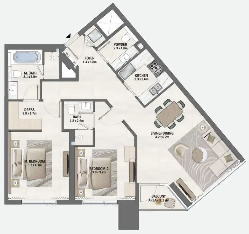 Beachfront Gates 2 bed floor plan, 1,216 sqft