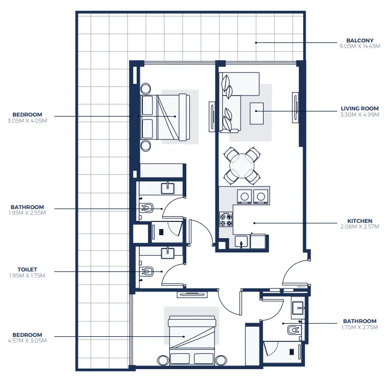 Creek Views 3 2 bed floor plan, 1,452 sqft