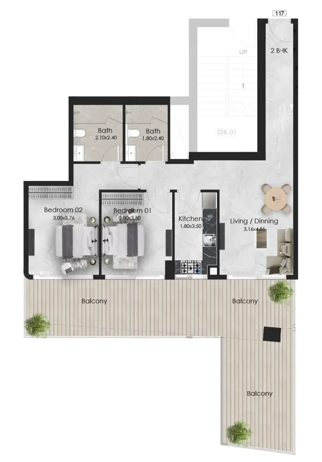 Aristo 2 bed floor plan, 1,272 sqft