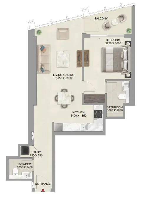 The Mirage at Sobha Central 1 bed floor plan, 783 – 787 sqft
