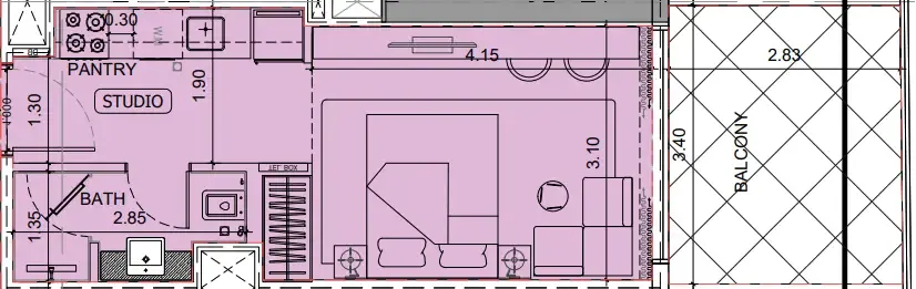 Project Maybach Studio floor plan, 404 sqft