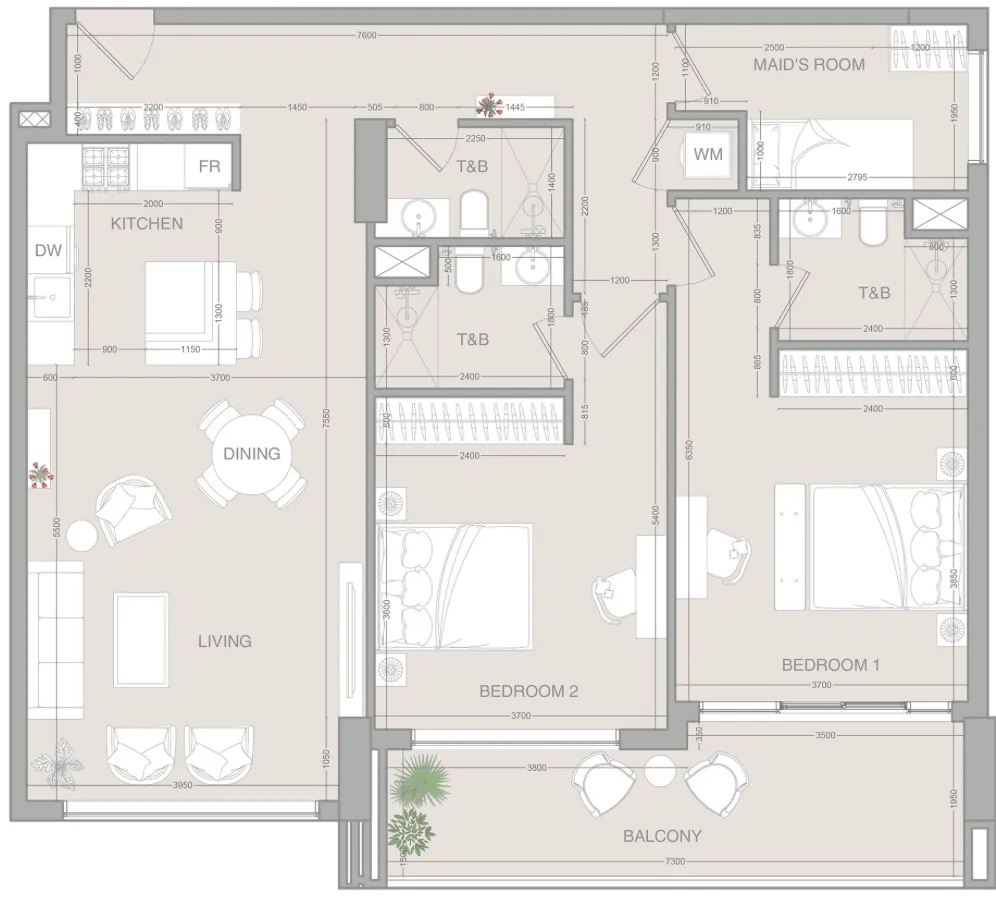 VERDAN1A 2 bed floor plan, 1,367 sqft