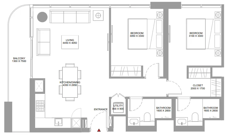 Pristine Beach Residences 2 bed floor plan, 973 sqft