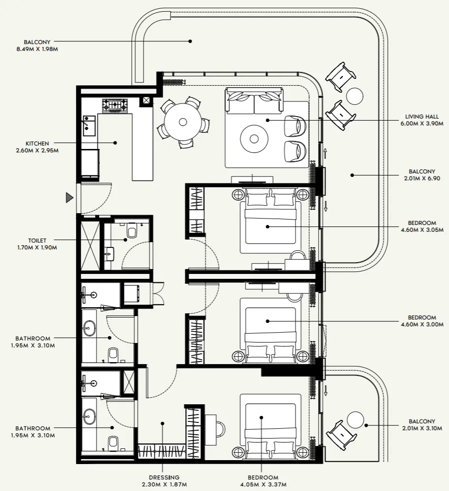 Azizi Venice 3 bed floor plan, 1,693 sqft