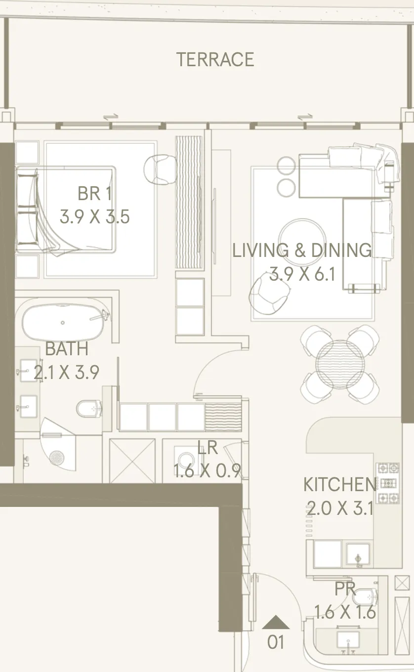 Saas Hills 1 bed floor plan, 997 sqft