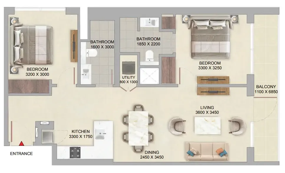 The Woods at Sobha Sanctuary 2 bed floor plan, 961 sqft