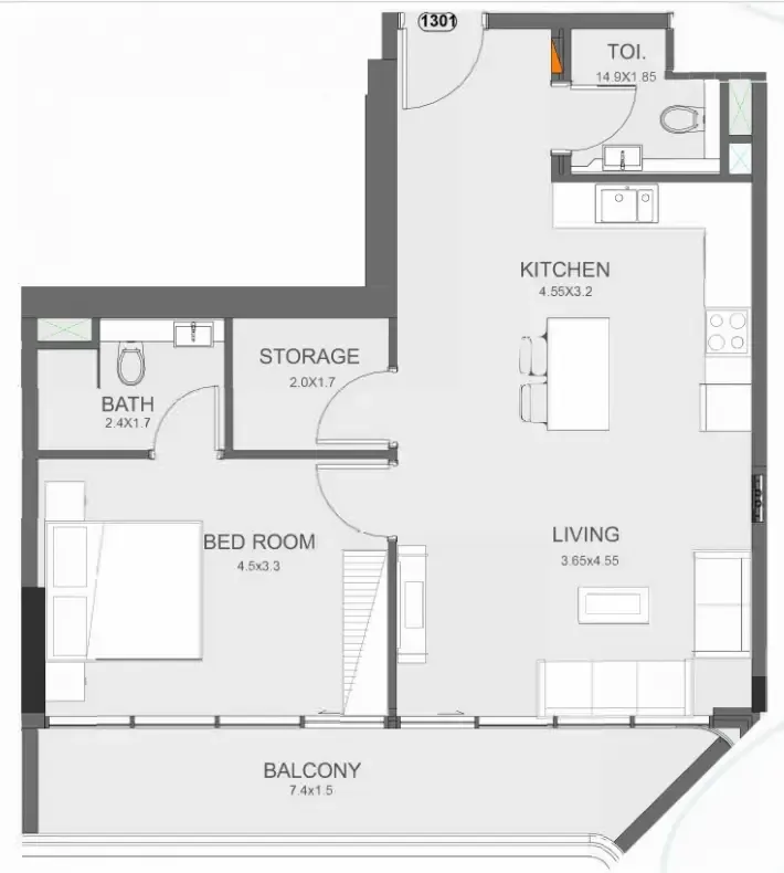 Floarea Oasis 1 bed floor plan, 856 sqft