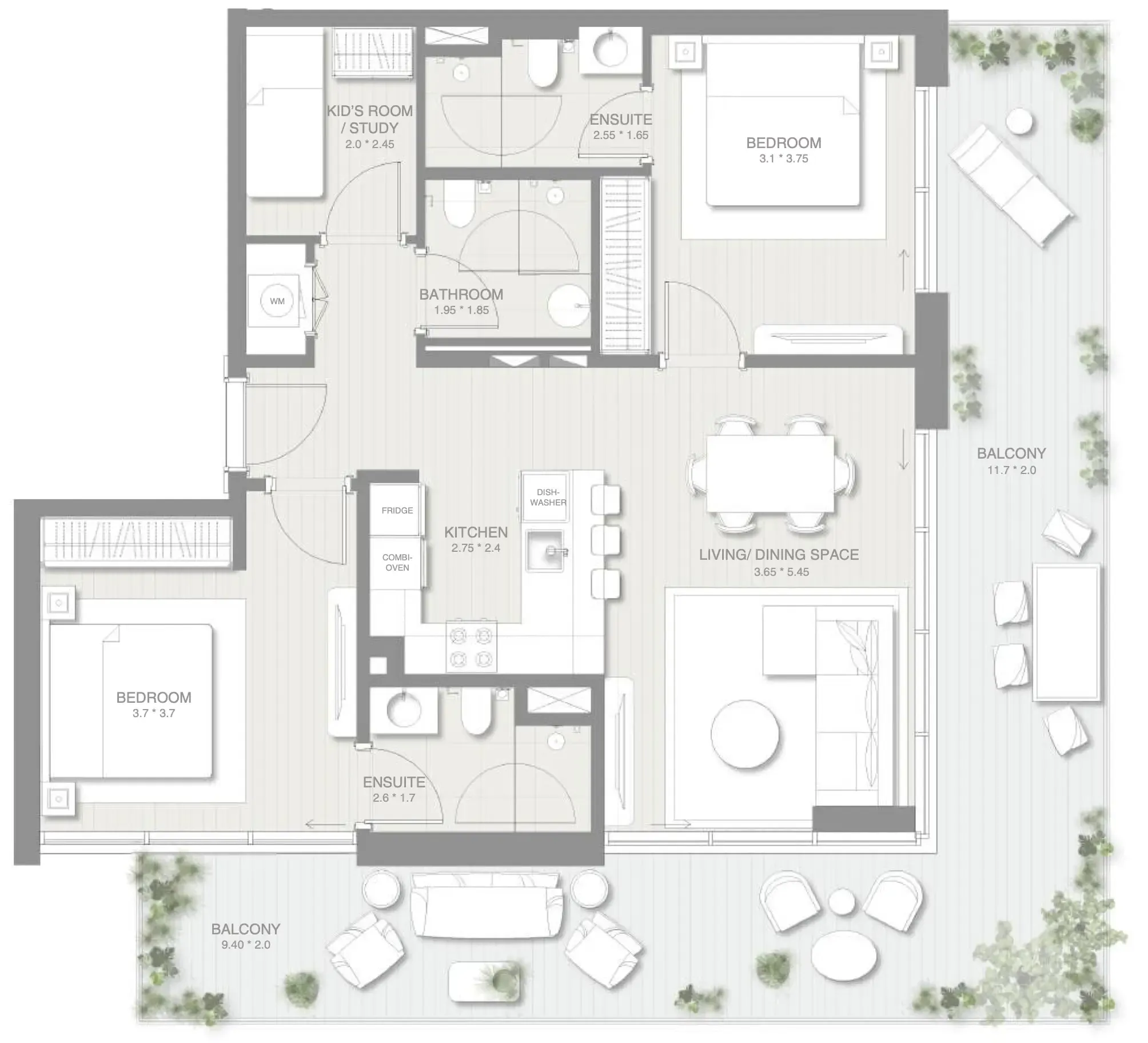 Sol Levante 2 bed floor plan, 1,407 sqft