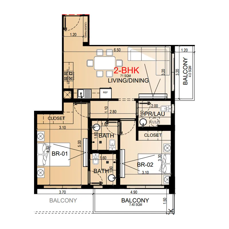 Miorah by Zoya 2 bed floor plan, 904 – 908 sqft