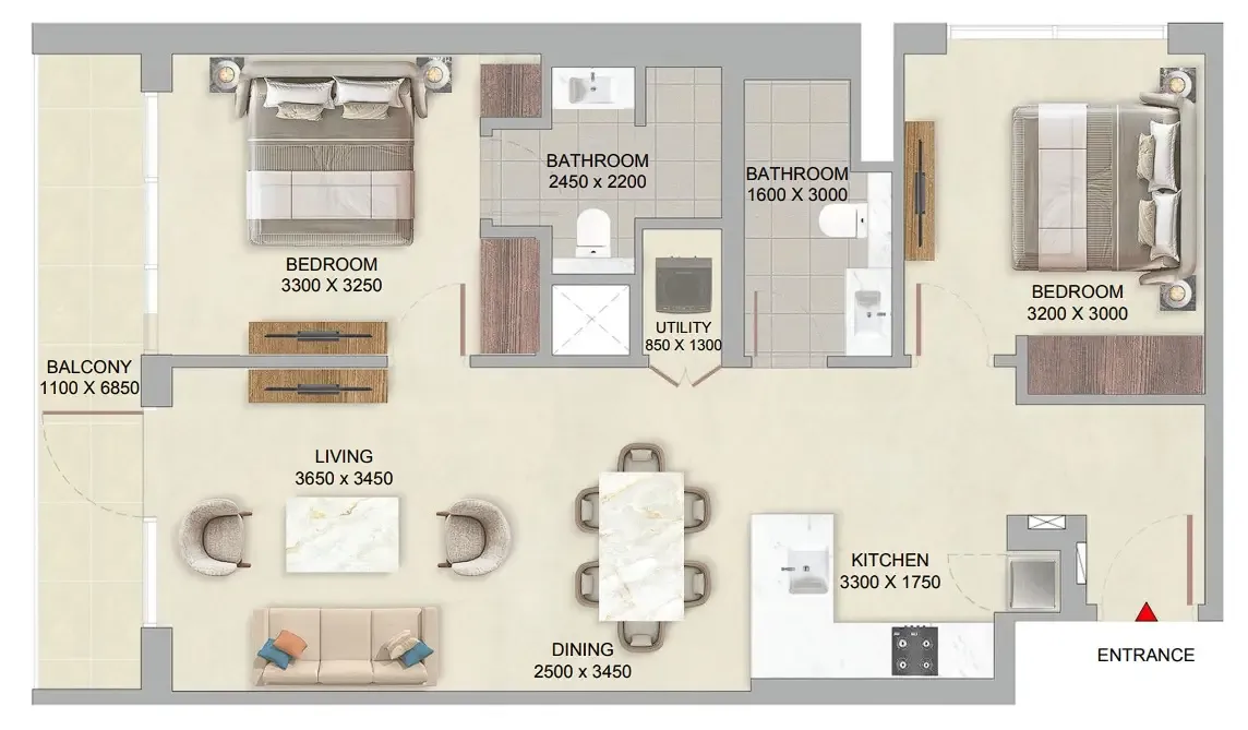 The Woods at Sobha Sanctuary 2 bed floor plan, 961 sqft