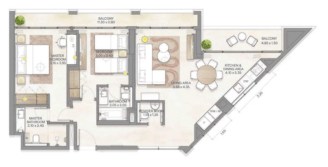 Bloom Arjaan by Rotana  2 bed floor plan, 1,236 sqft