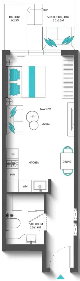 Reef 996 Studio floor plan, 453 – 456 sqft