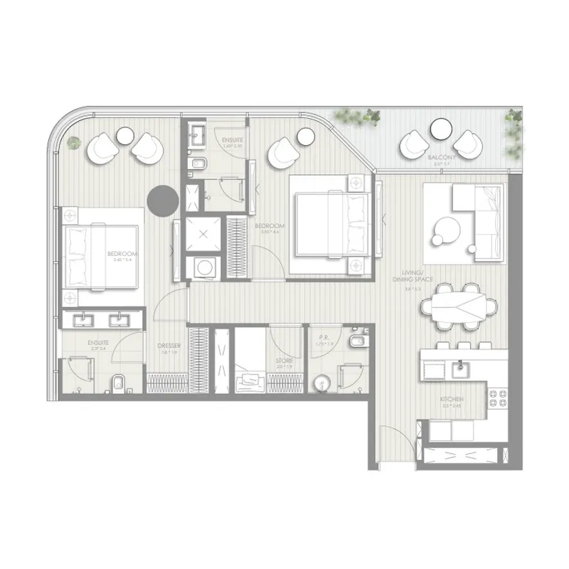 Sol Luxe 2 bed floor plan, 1,200 sqft