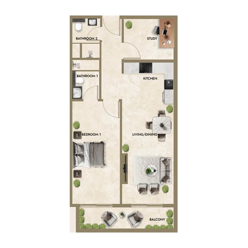 Greenfield Living 1 bed floor plan, 818 – 862 sqft