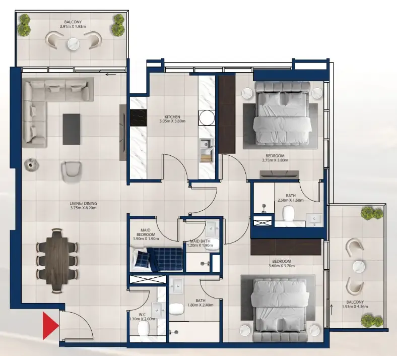 Al Vista 2 bed floor plan, 1,304 sqft