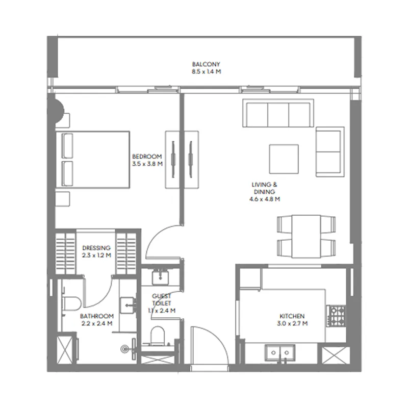 The Gate 5 1 bed floor plan, 872 sqft