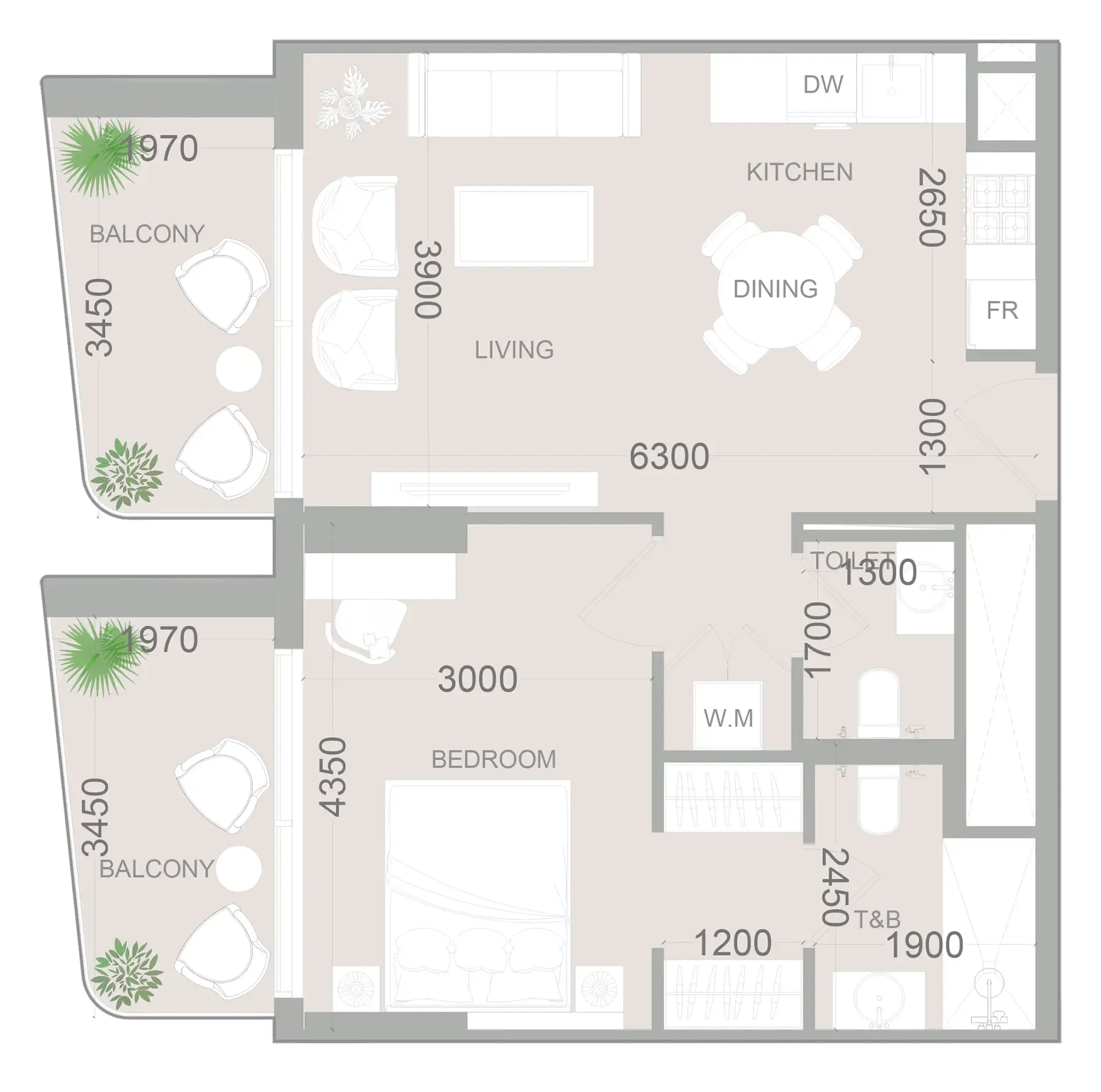 ELAR1S Sky 1 bed floor plan, 714 sqft