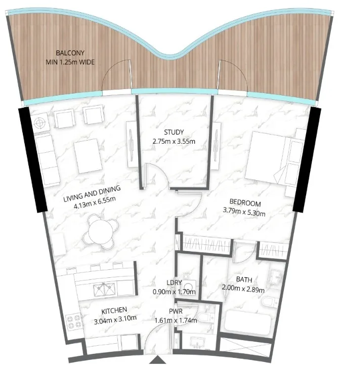 Aqua Arc 1 bed floor plan, 1,306 sqft