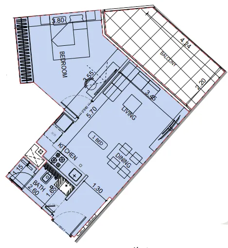 Binghatti Elite 1 bed floor plan, 647 – 676 sqft