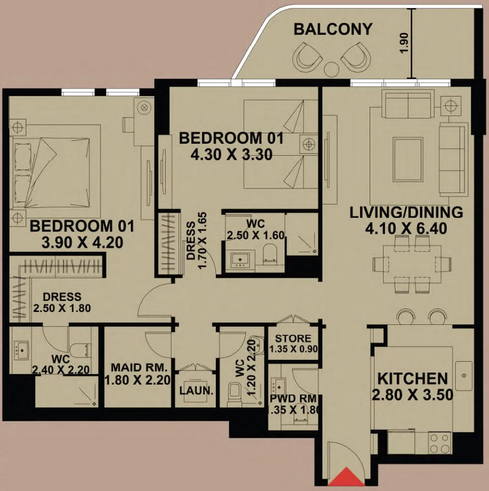 Timber Terrace 2 bed floor plan, 1,403 – 1,408 sqft