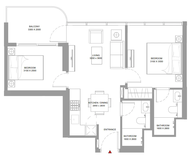 Bayside Marina Residences 2 bed floor plan, 686 – 687 sqft