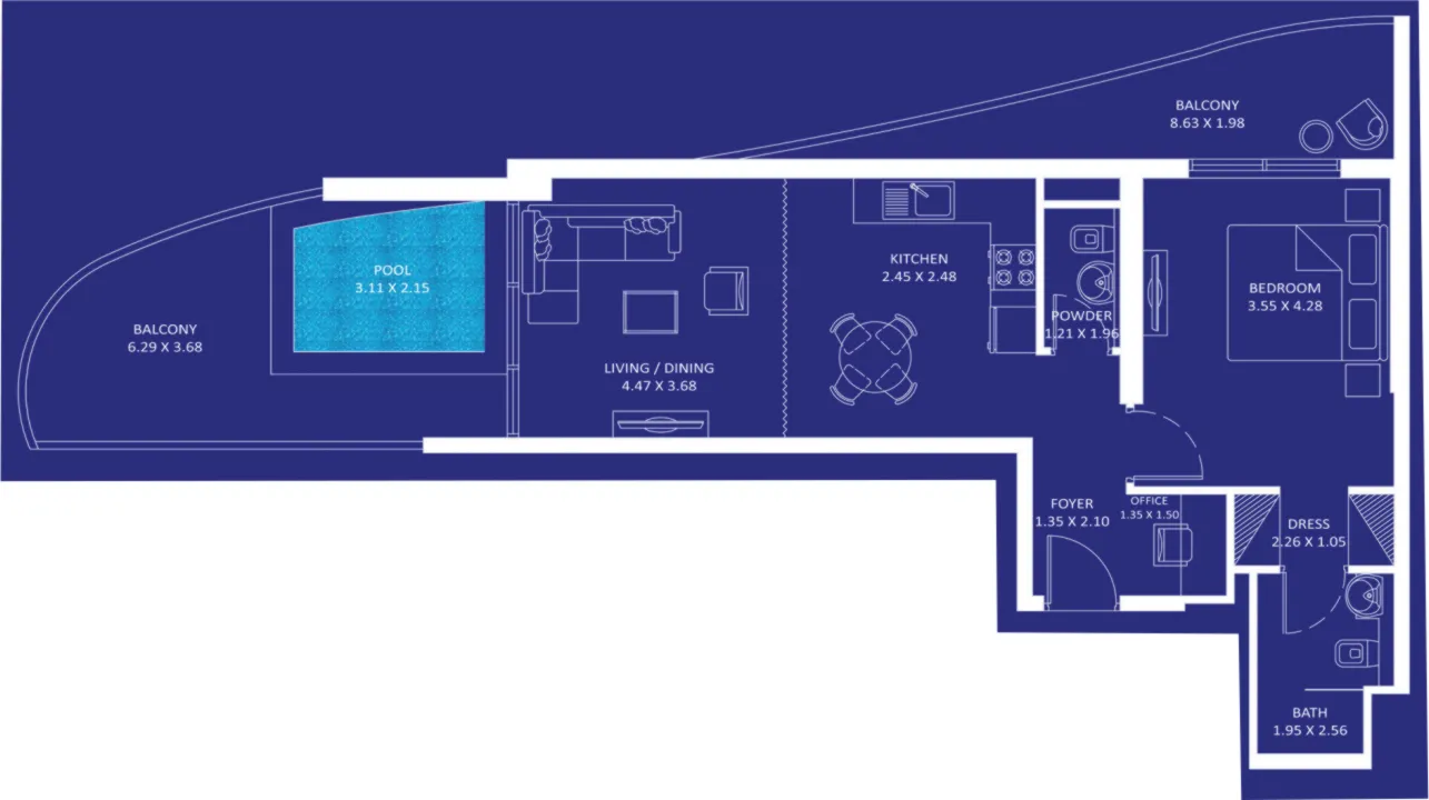 Oceanz 1 bed floor plan, 916 – 917 sqft