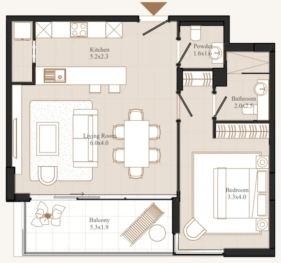 Flamingo LUX 1 bed floor plan, 846 sqft