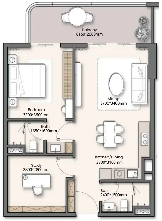 Yigo 26 1 bed floor plan, 702 sqft