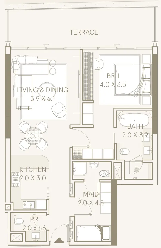 Saas Hills 1 bed floor plan, 936 – 1,129 sqft