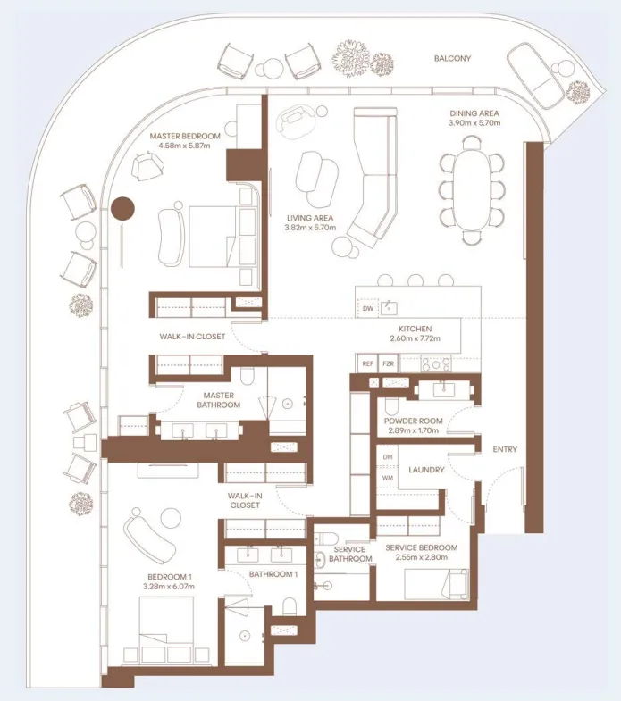 Dubai Harbour Residence 2 bed floor plan, 2,875 sqft
