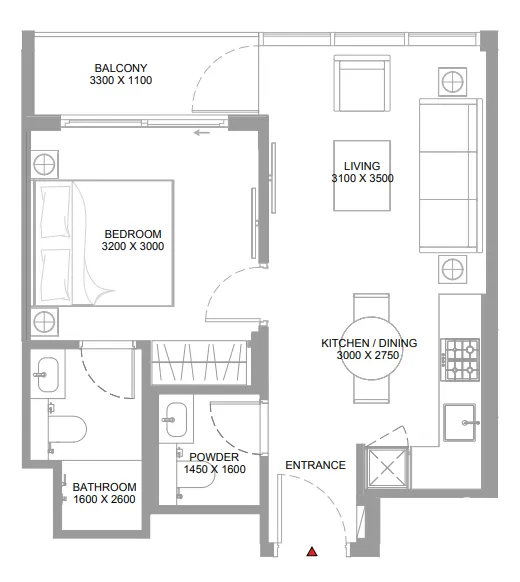 Bayfront Marina Residences 1 bed floor plan, 513 – 514 sqft