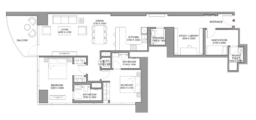 Skyscape 2 bed floor plan, 1,515 – 1,675 sqft