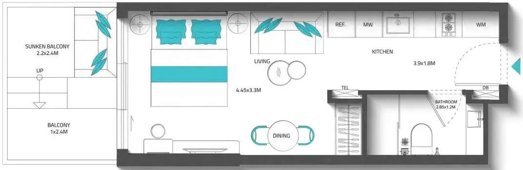 Reef 996 Studio floor plan, 420 sqft