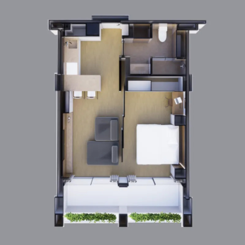 Terra Grove Layan 1 bed floor plan, 581 – 743 sqft