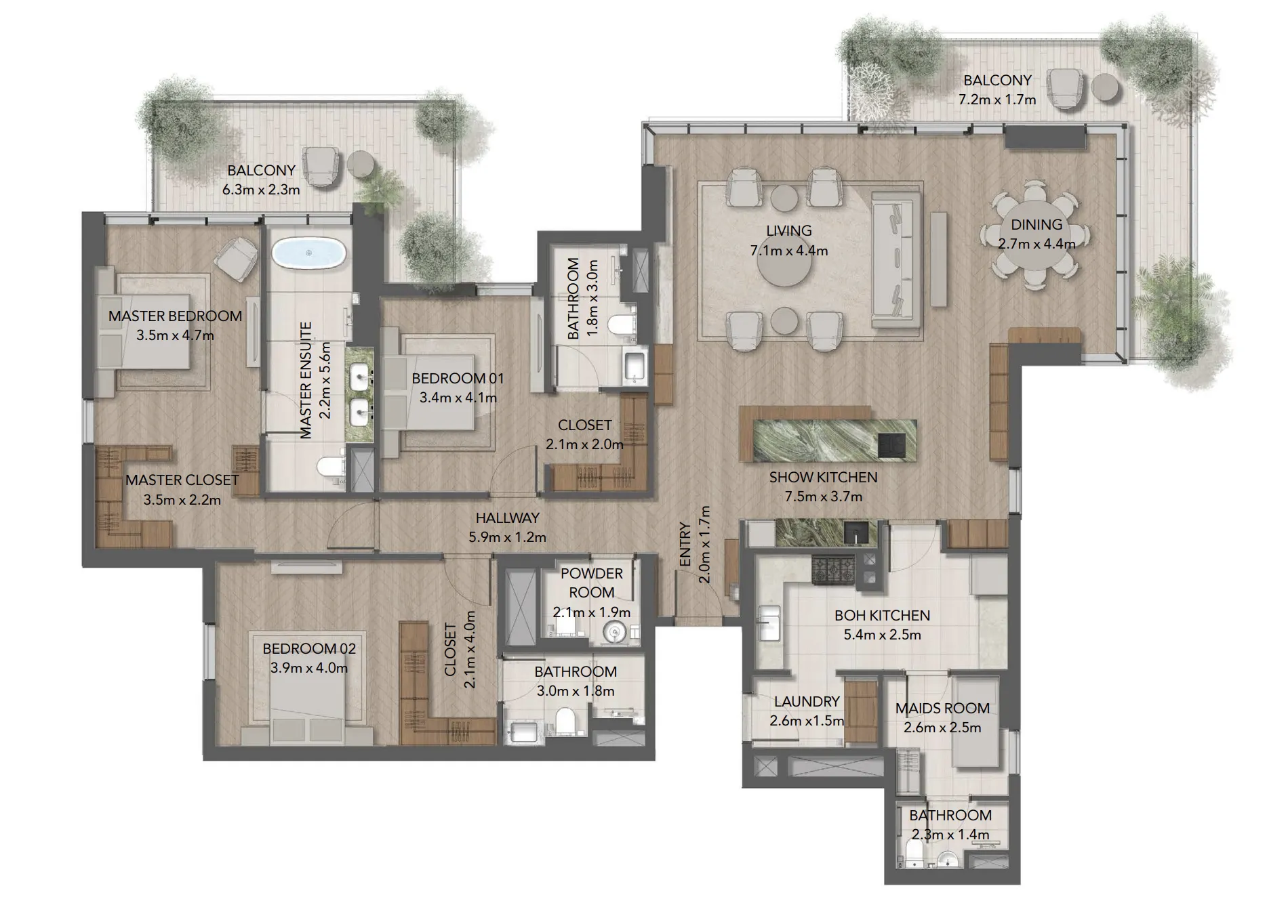 Maravelle Residences 3 bed floor plan, 2,842 – 2,908 sqft