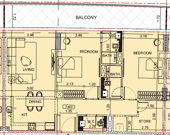 Binghatti Aquarise 2 bed floor plan, 1,353 sqft